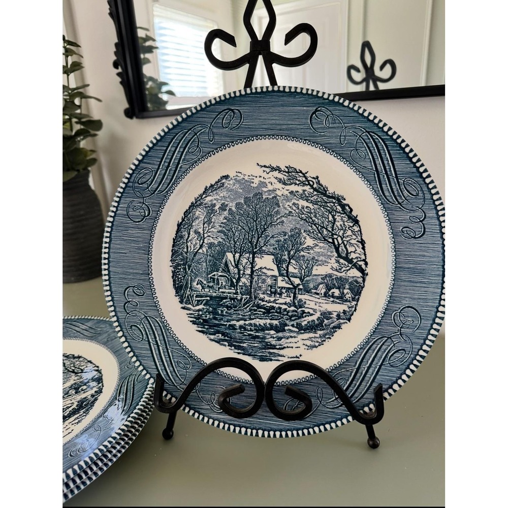 Royal Currier and Ives Blue White Dinner Plates The Old Grist Mill Set of 4